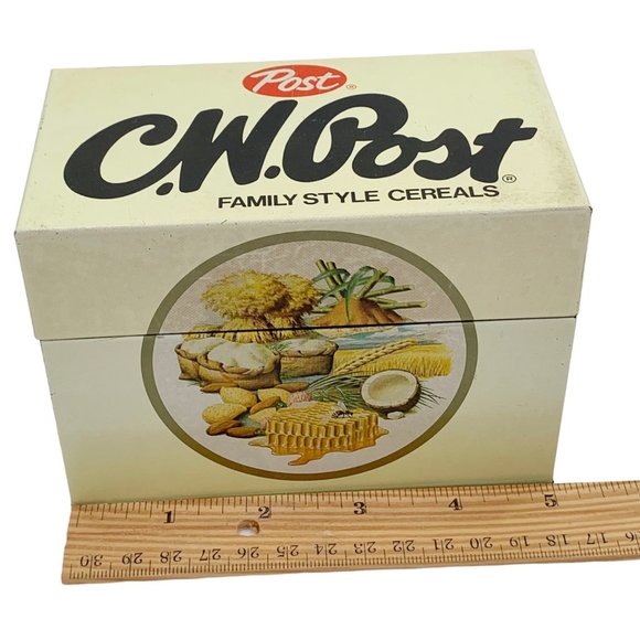 Vintage C.W. Post Cereal Recipe Card Box Tin Metal Advertising Kitchen Decor - Picture 2 of 11